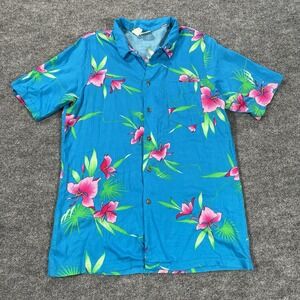 Vintage Made In California Shirt Size Large Blue Floral Print Rayon Hawaiian USA